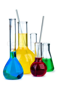 Five flasks with different chemical agents
