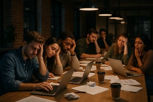 A large young start up team working late and feeling tired-1