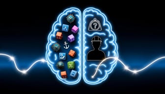 Visualize a brightly illuminated human brain positioned centrally against a dark backdrop. On one half, floating symbols represent various cognitive b