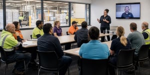 Corporate psychosocial WHS training in a practical warehouse training room