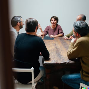 group of people gathered around a table for a meeting, with all members actively participating and listening to one another