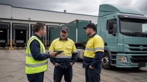 Transport workers beside a heavy vehicle