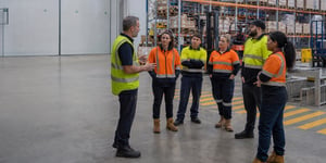 Workers discussing psychosocial WHS risks during a warehouse pre-start meeting