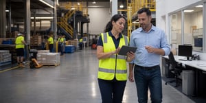 WHS consultant and operations manager reviewing psychosocial risks in an industrial workplace