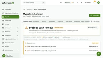 SafetyNettIQ critical risk command centre showing evidence, control status and review actions