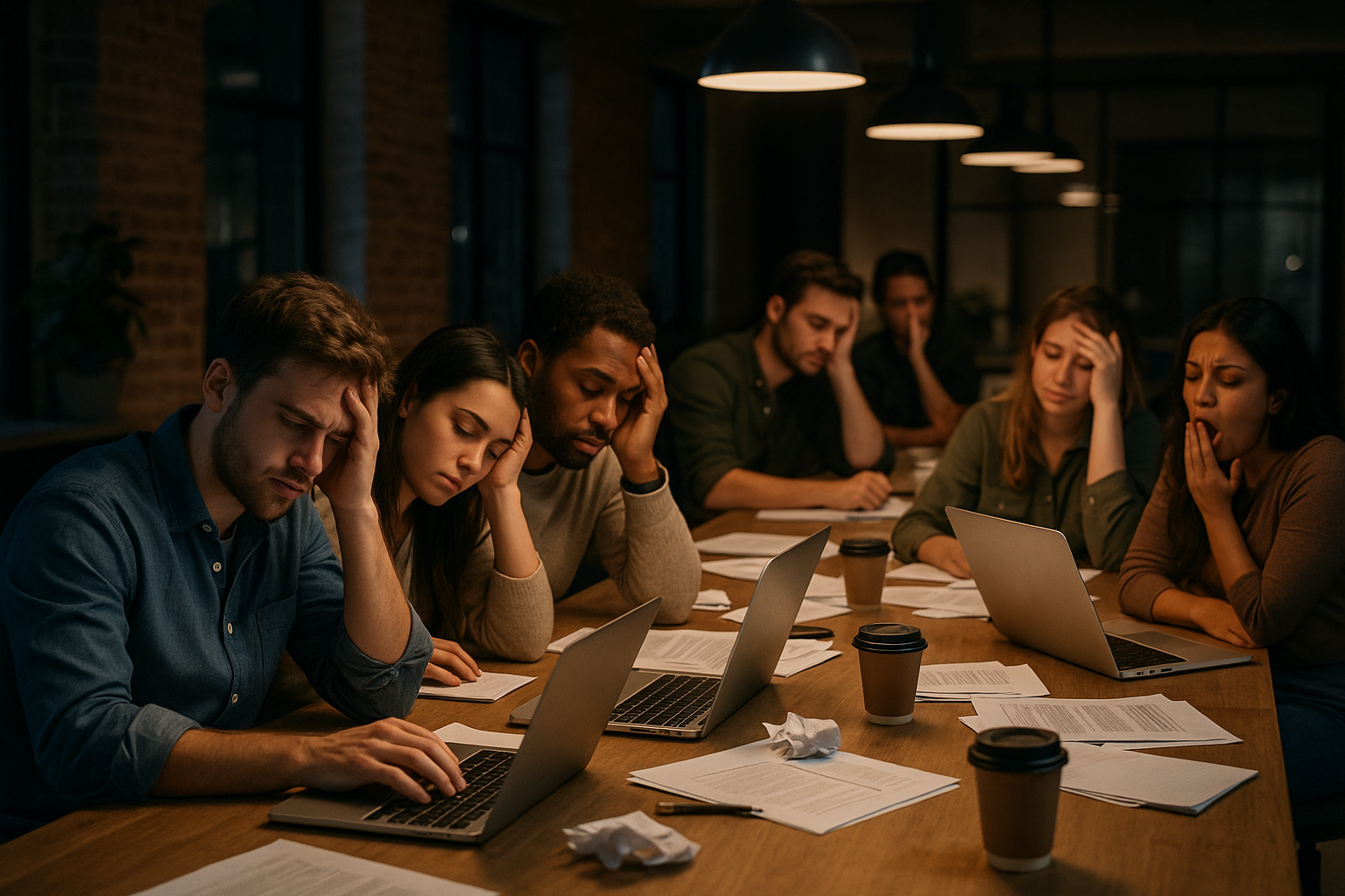 A large young start up team working late and feeling tired-1