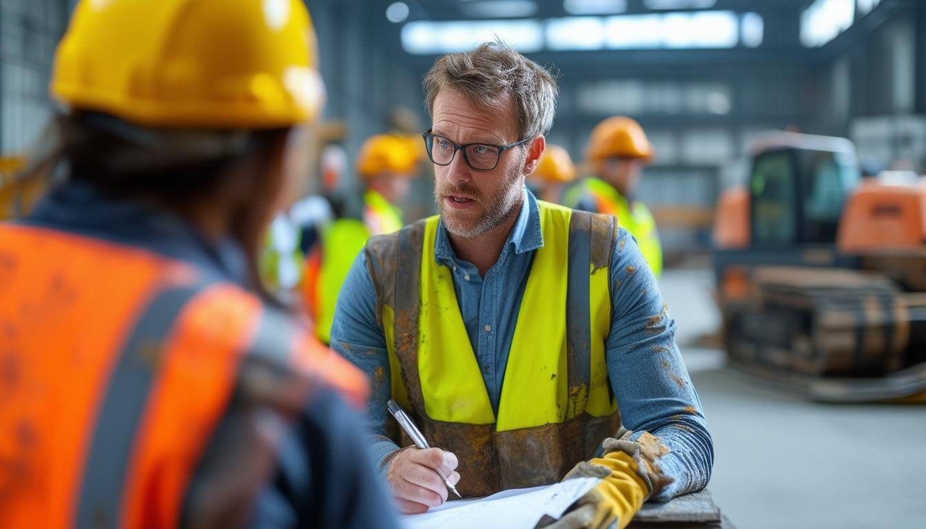 The manager, dressed in businesscasual attire, is actively listening and taking notes while workers in safety gear dirty and worn vests, gloves share