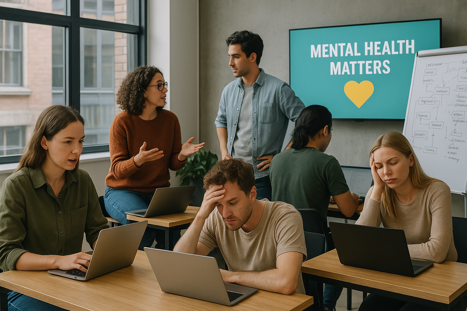 Modern Australian startup with stressed and engaged team members, mental health awareness on screen, whiteboard collaboration.